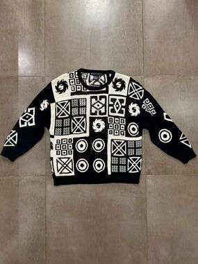 Vintage Black & White Embellished Knit Geometric Crewneck Sweater